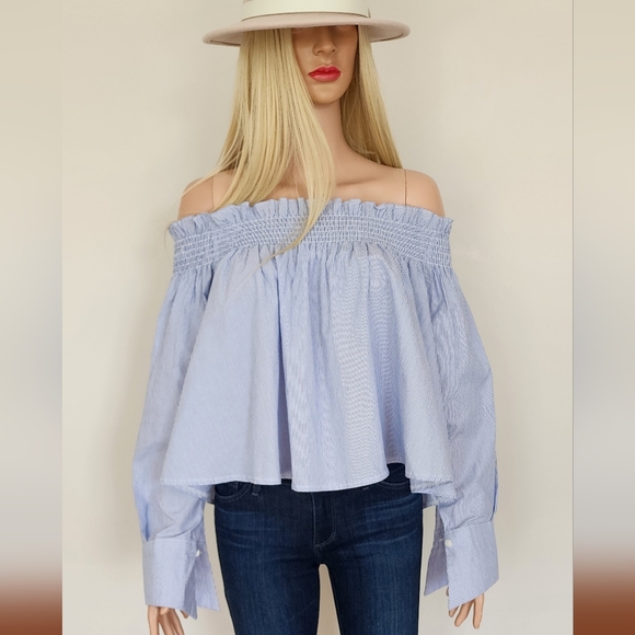 STORETS PINSTRIPE BLUE WHITE SMOCKING OFF THE SHOULDER FLOWY SHIRT TOP ONE SIZE - Picture 1 of 16